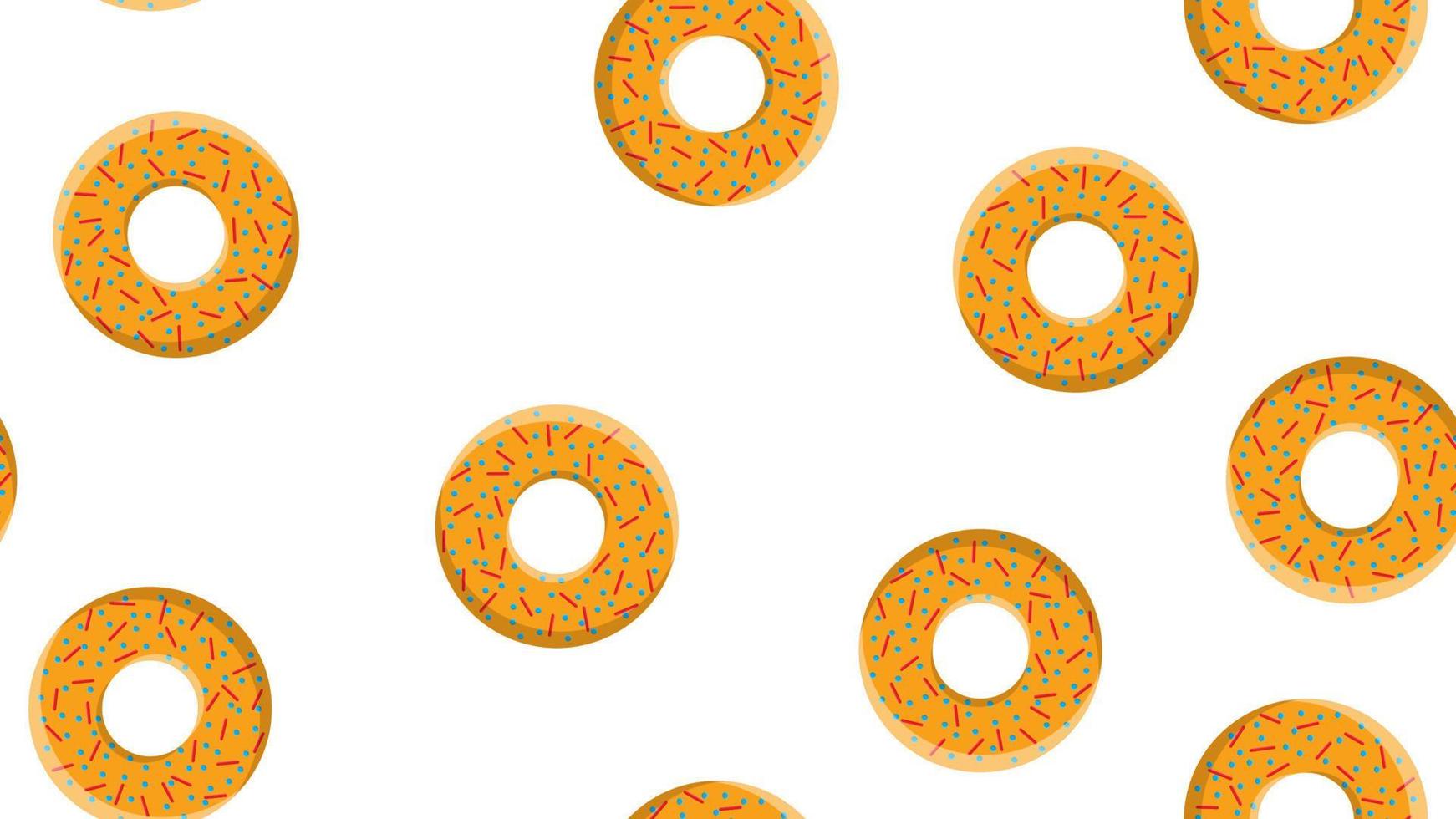 Seamless pattern, texture from round sweet flour tasty donuts to nourishing hot fresh donuts, pastries, sugar-coated cookies in the pastry glaze on a yellow background. Vector illustration