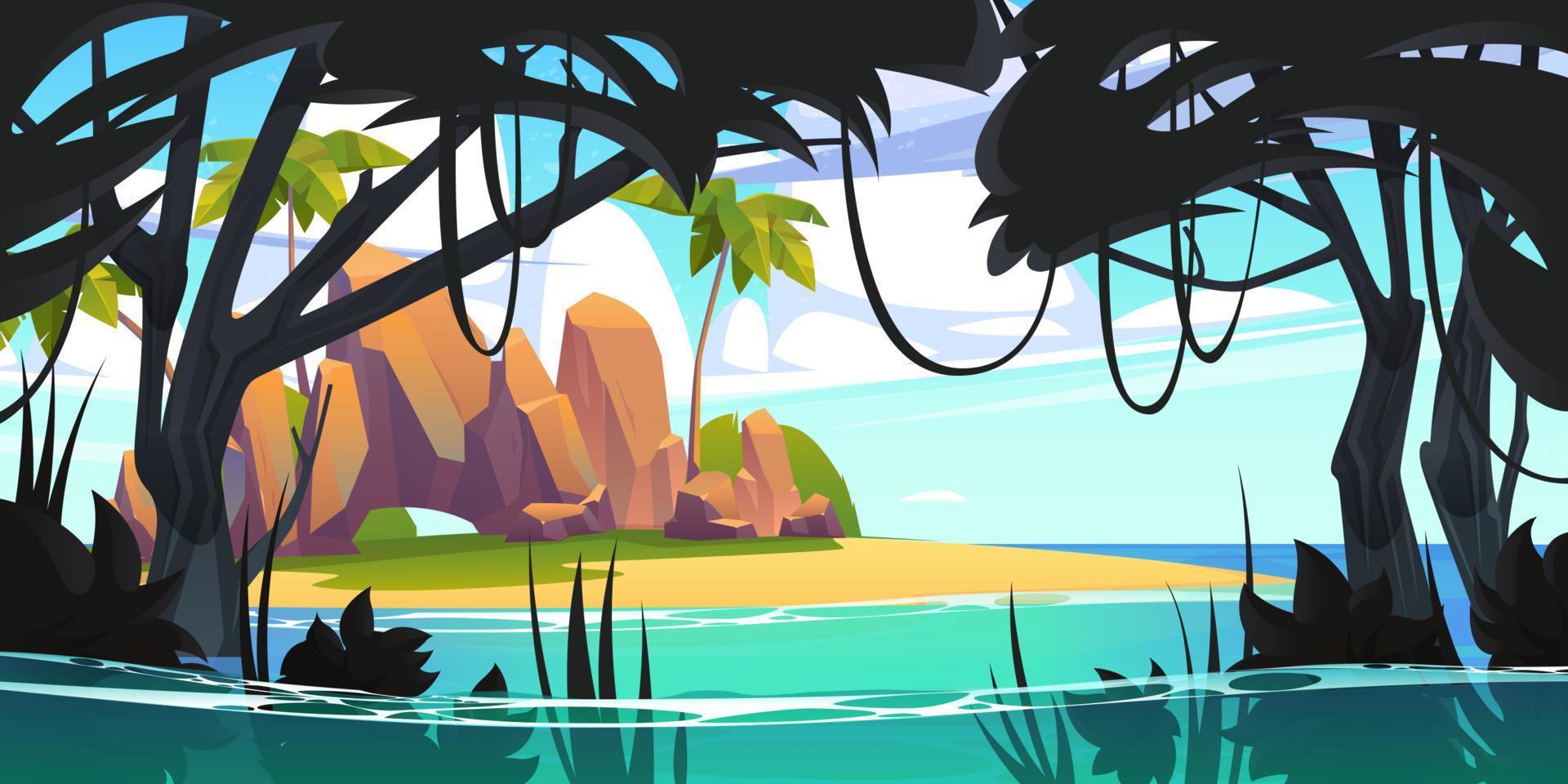 Island in ocean, uninhabited secret pirate isle vector