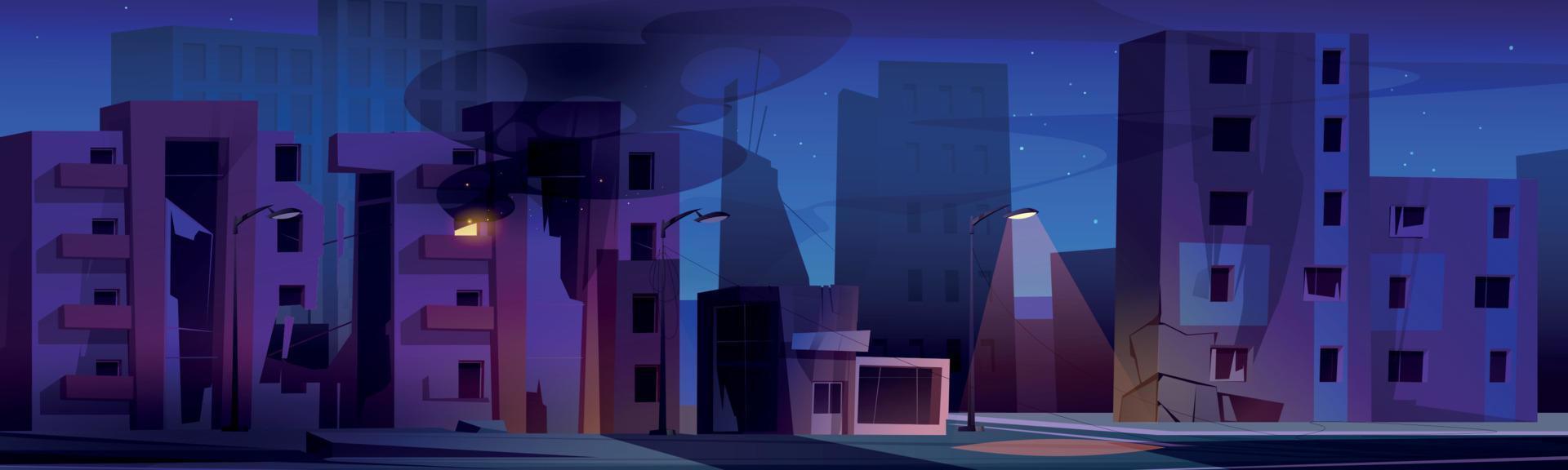 Destroyed city with broken houses at night vector