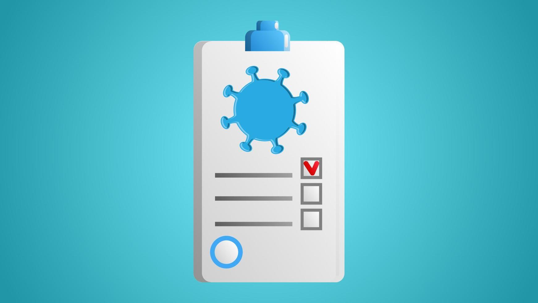 Questionnaire, document, medical history and diagnosis of the study of the disease of the coronovirus infection of the virus molecule on a blue background vector