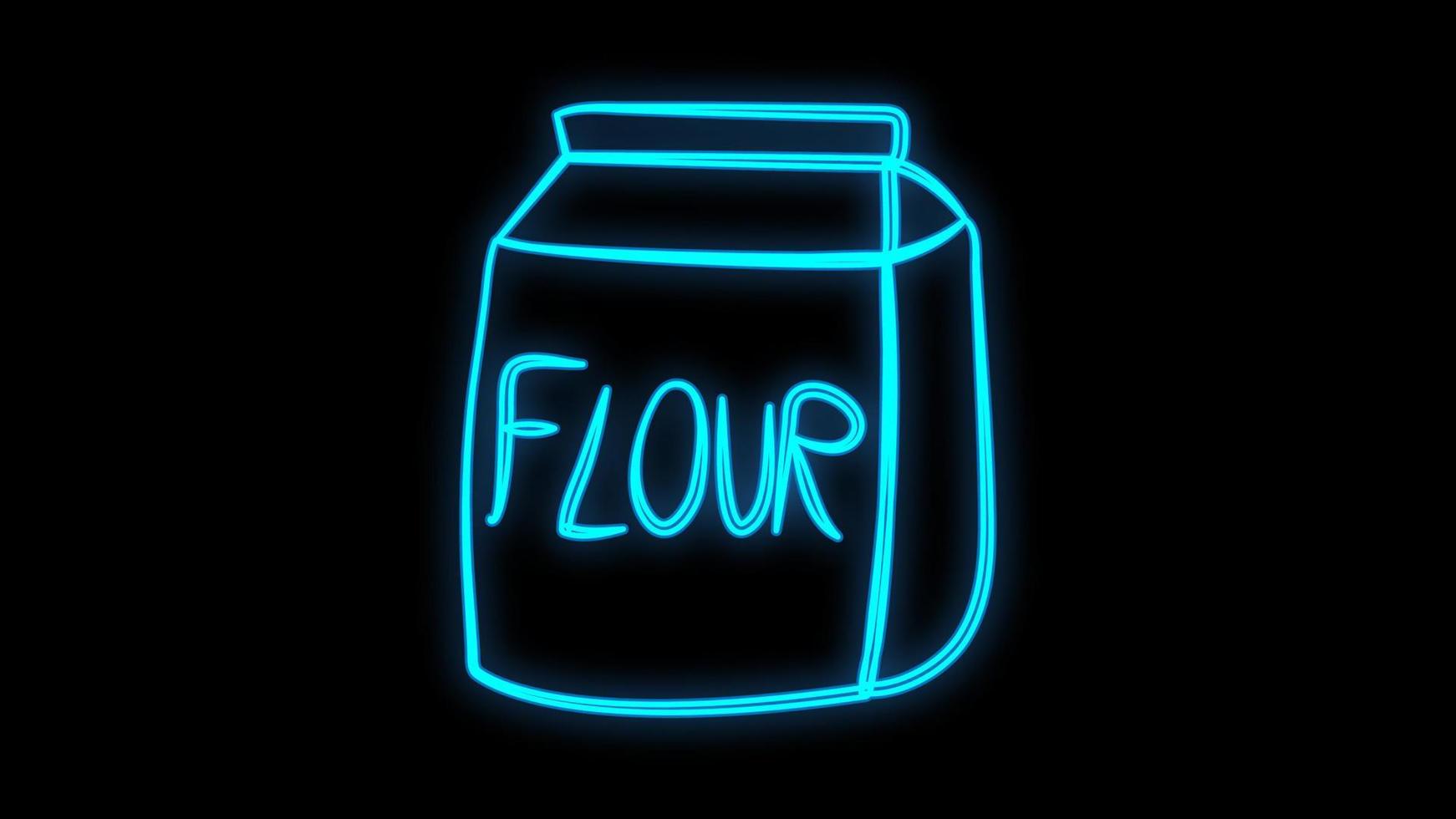 package with flour on a black background, vector illustration, neon. paper bag filled with ground millet. flour for baking. neon illustration, vintage, retro style. trendy neon blue