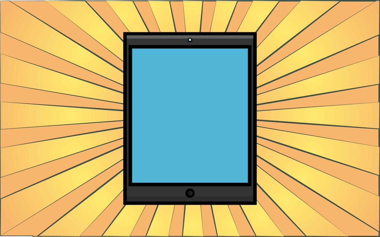 Modern digital mobile tablet on a background of abstract yellow rays. Vector illustration