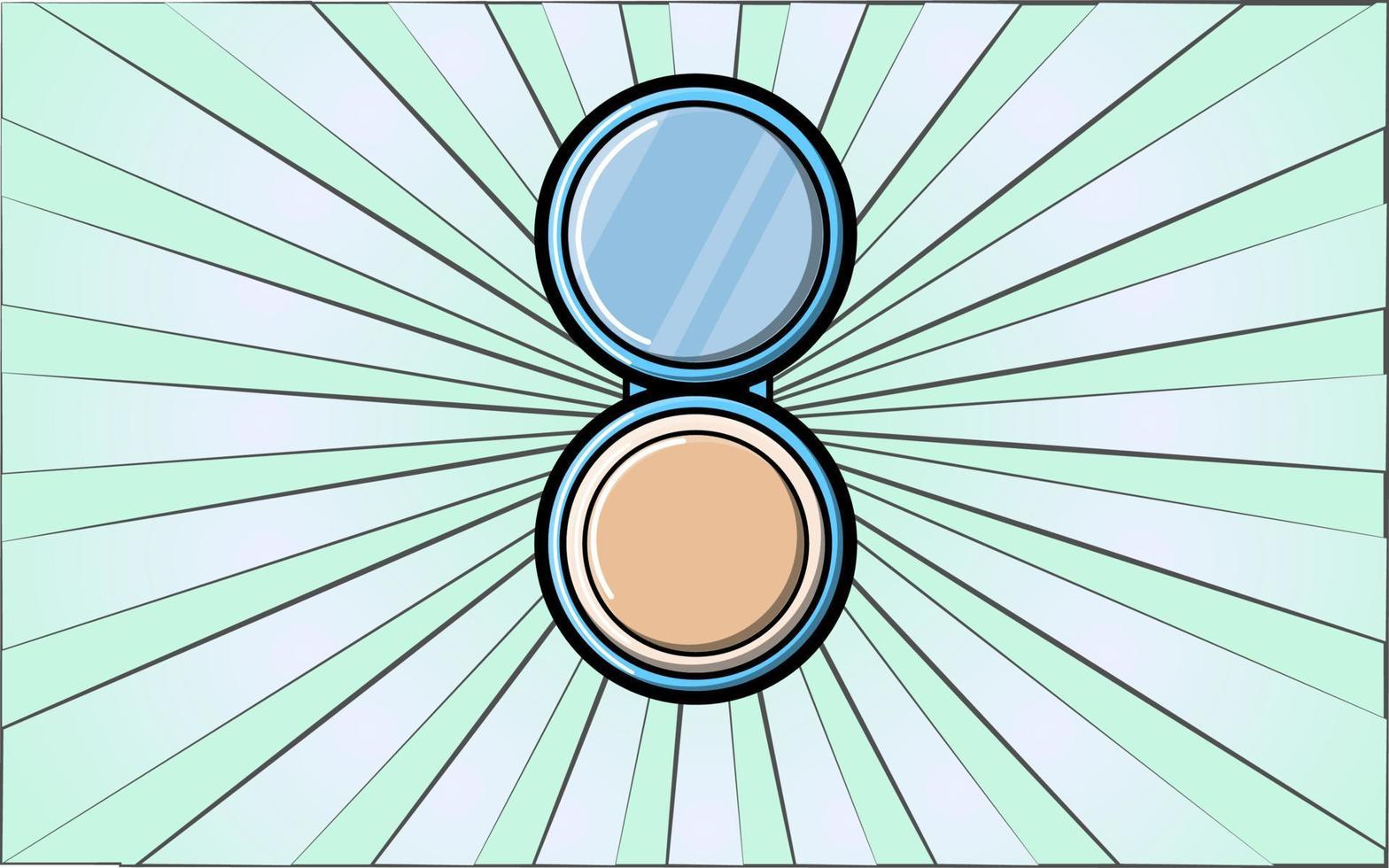 Beauty glamorous mirror with a powder box for makeup and beauty guidance on a background of abstract blue rays. Vector illustration