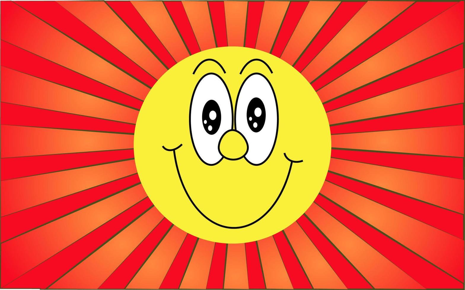 Emotional yellow round smiling happy face emoji on a background of abstract red rays. Vector illustration