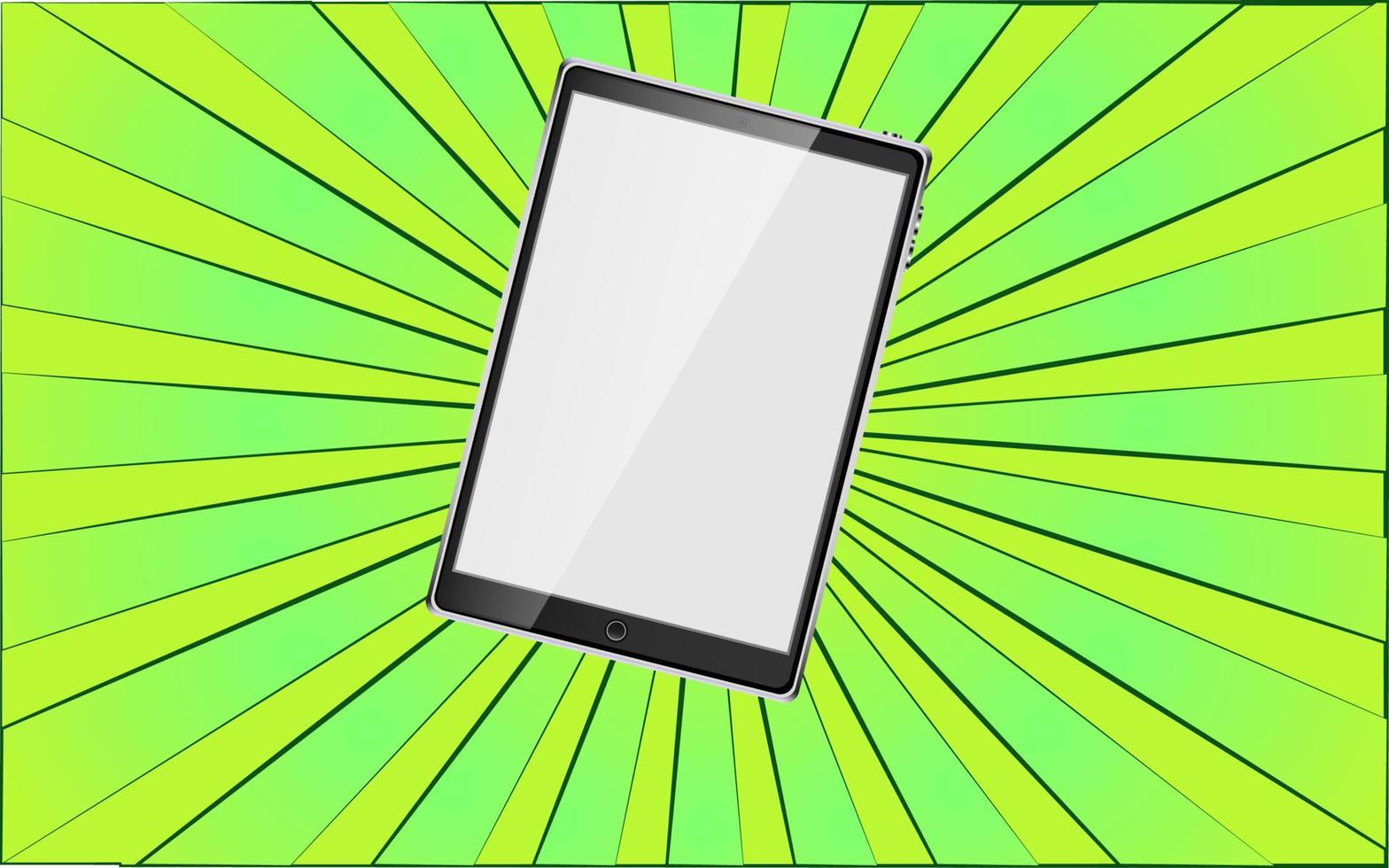 Modern digital mobile tablet on a background of abstract green rays. Vector illustration