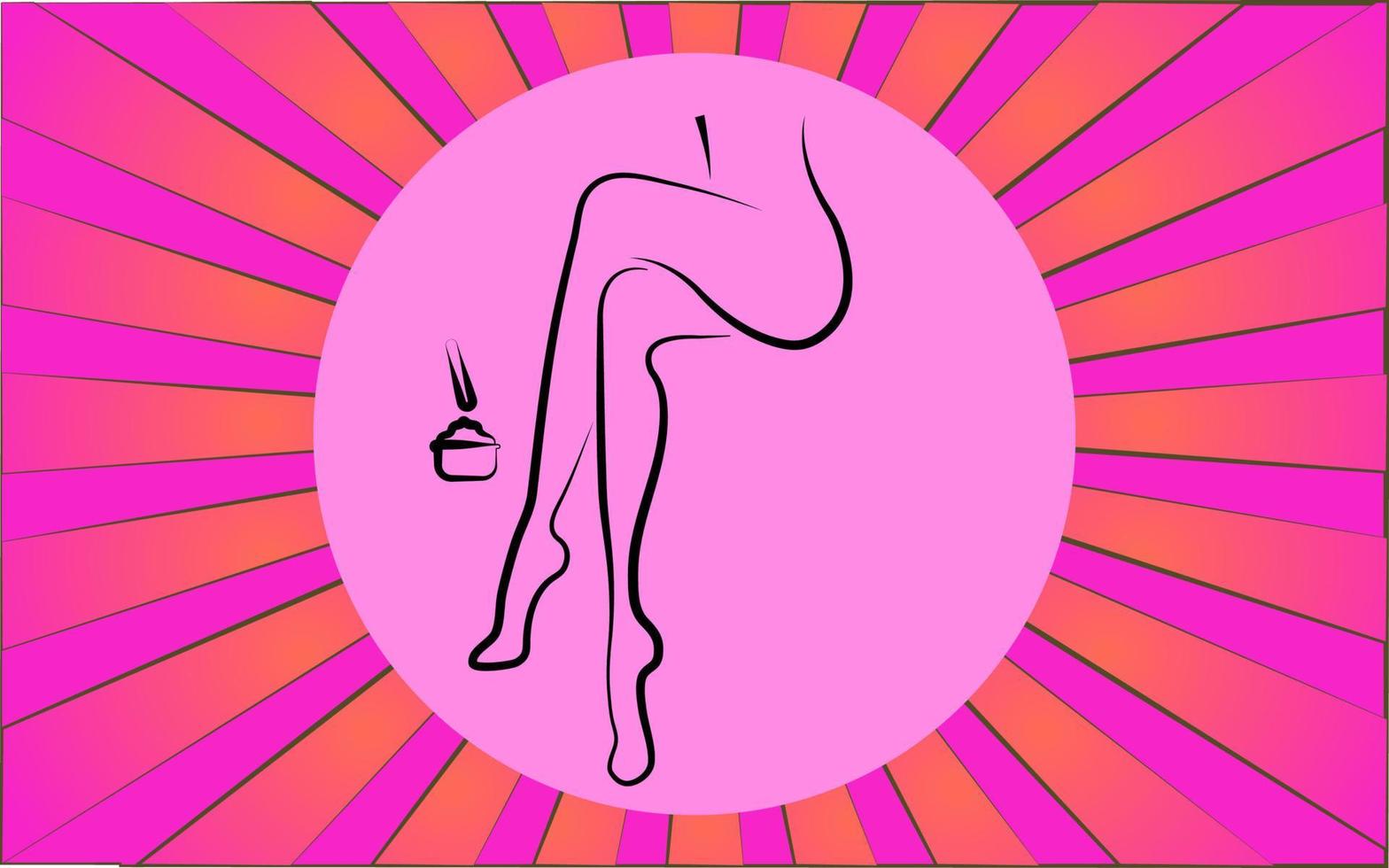 Linear round icon of shugaring and depilation of female legs on a background of abstract violet rays. Vector illustration