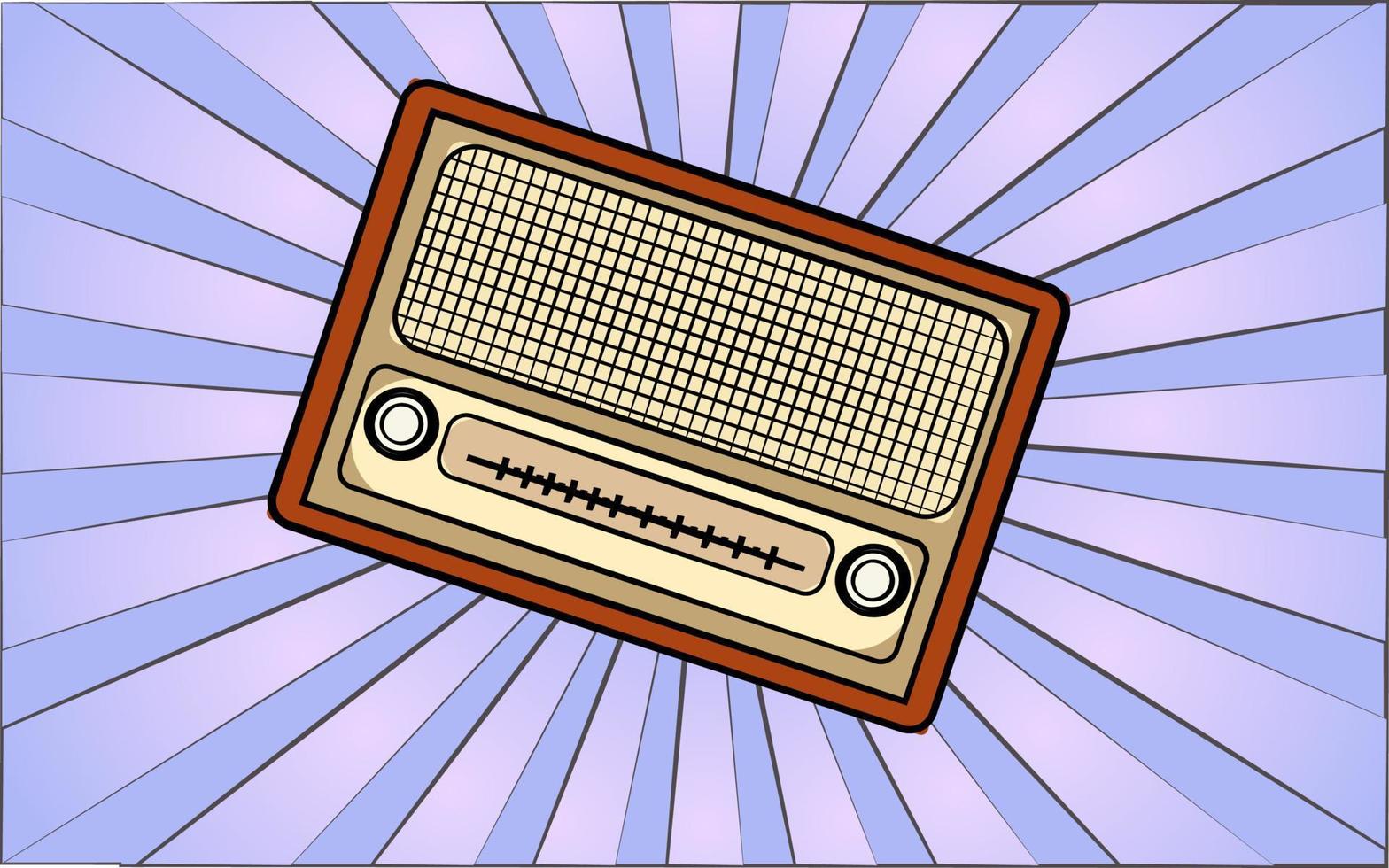 Retro old antique hipster radio receiver from the 70s, 80s, 90s, 2000s against a background of abstract blue rays. Vector illustration