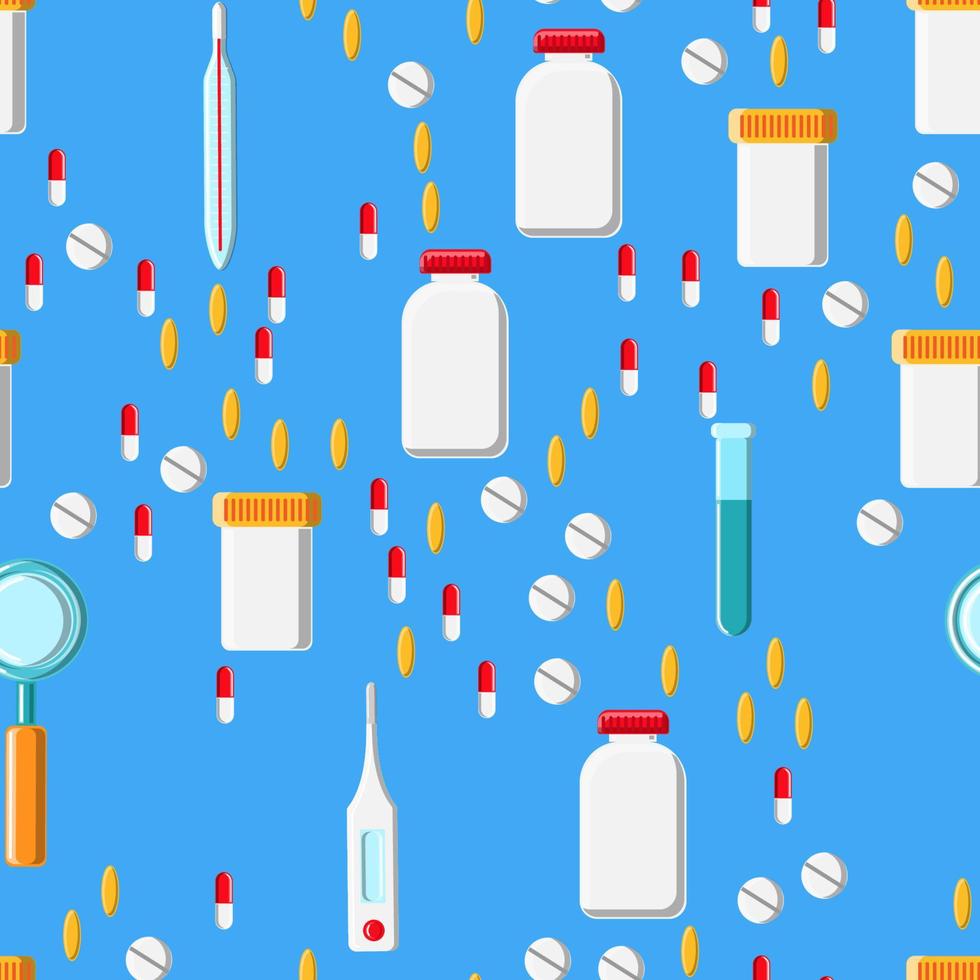 Medical seamless pattern, the texture of pharmaceutical tablets, cans, capsules, vitamins, drugs, plates, fish oil, thermometer, magnifier and flasks on a blue background. Concept health care vector