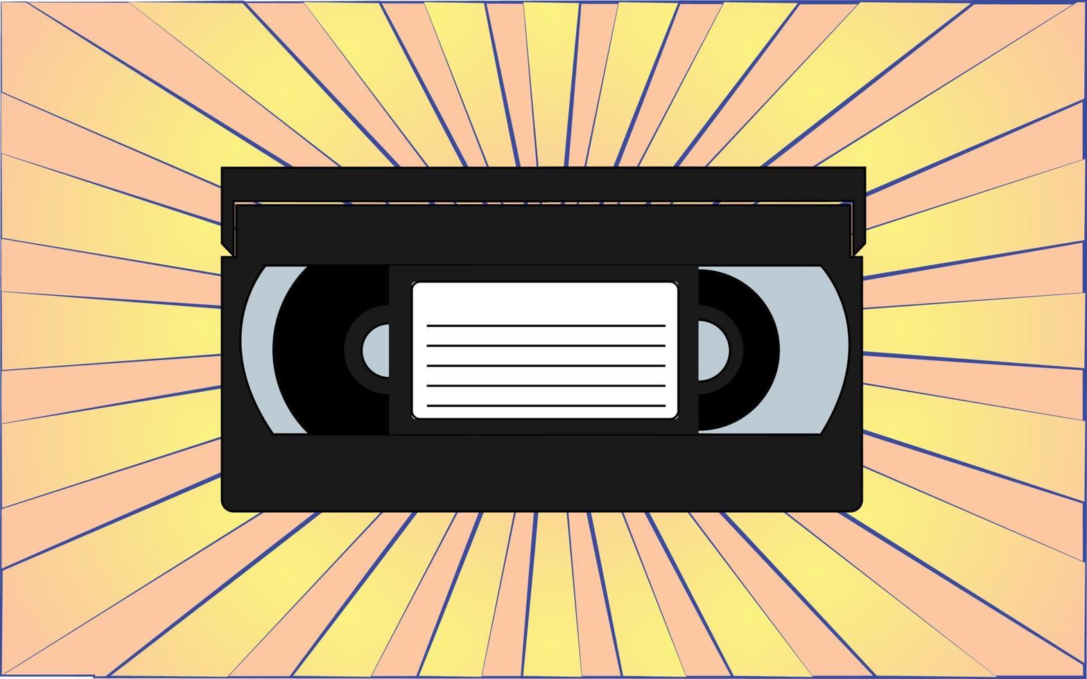 Retro old antique video cassette from the 70s, 80s, 90s, 2000s against a background of abstract yellow rays. Vector illustration