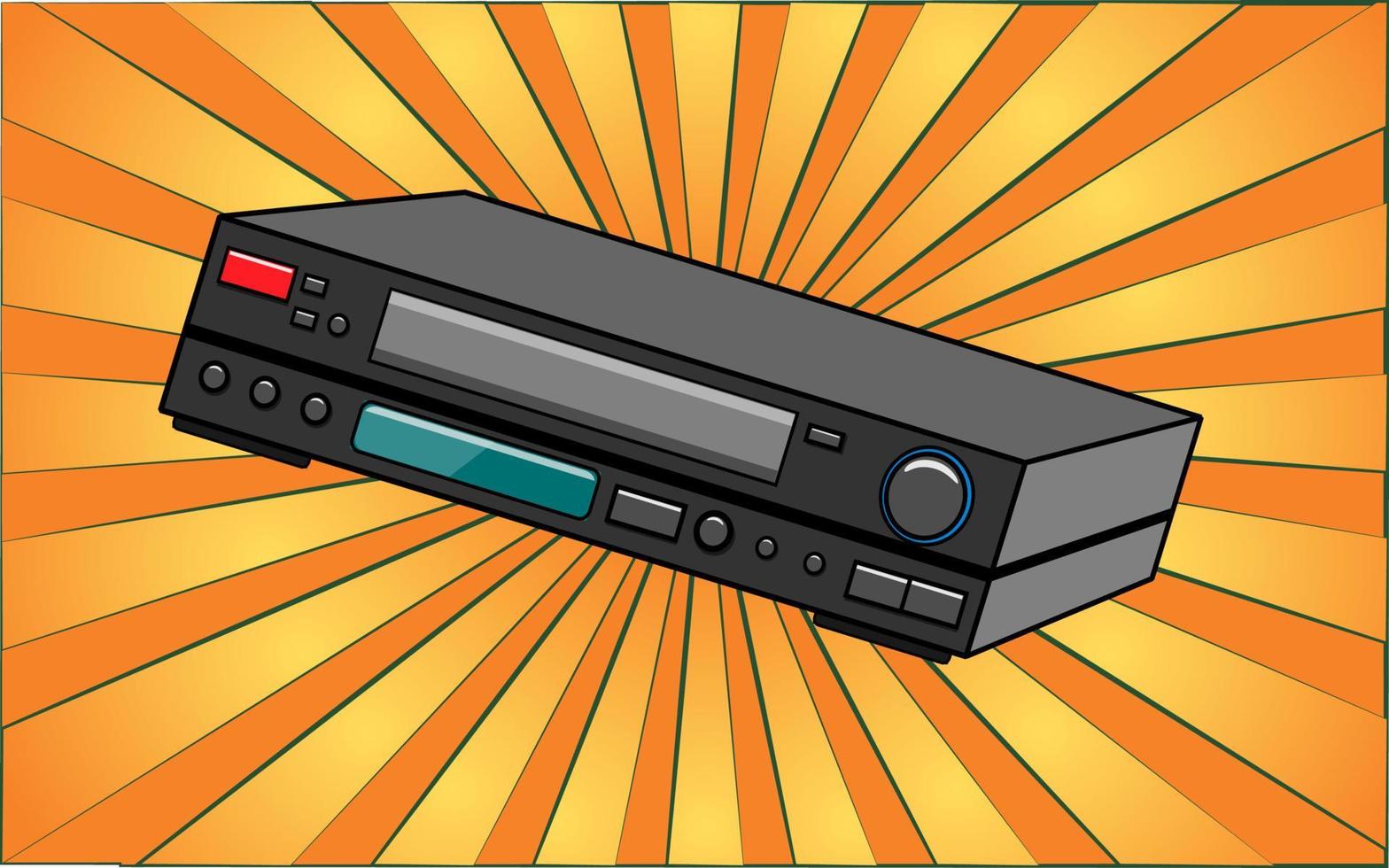 Retro old antique hipster video recorder from the 70s, 80s, 90s, 2000s against a background of abstract yellow rays. Vector illustration