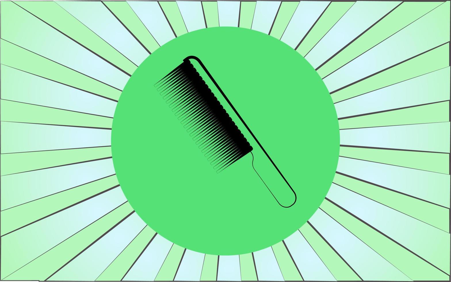 Linear round icon combs in a barber shop on a background of abstract green rays. Vector illustration