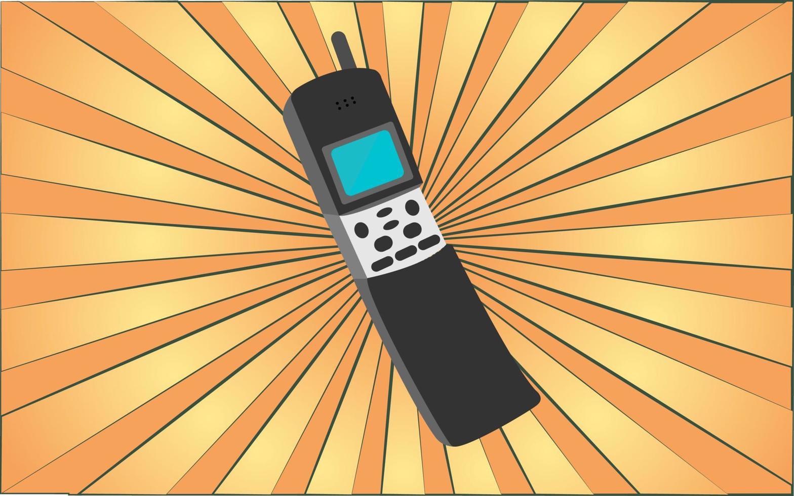 Retro old antique hipster mobile phone with an antenna from the 70s, 80s, 90s, 2000s against a background of abstract yellow rays. Vector illustration