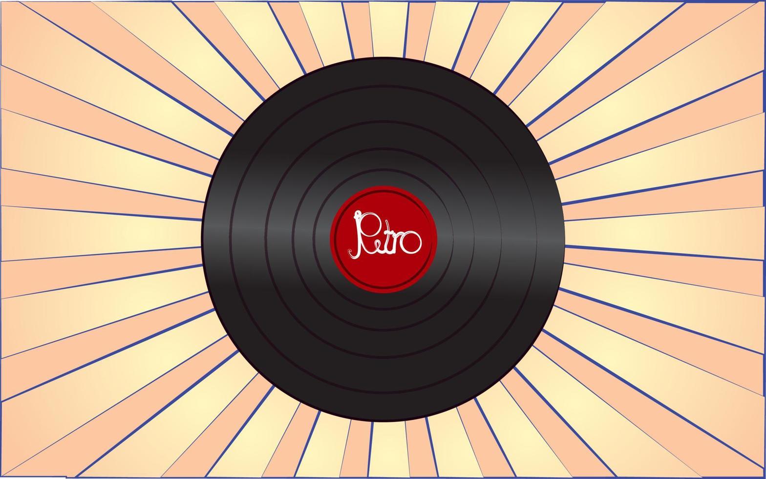 disco de vinilo musical antiguo retro de los años 70, 80, 90, 2000 contra un fondo de rayos amarillos abstractos. ilustración vectorial vector