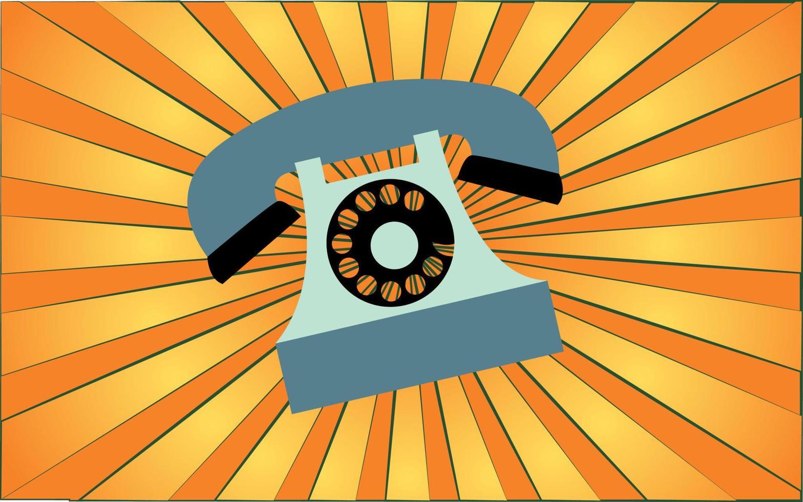 Retro old antique hipster landline telephone with handset from 70s, 80s, 90s, 2000s against a background of abstract yellow rays. Vector illustration