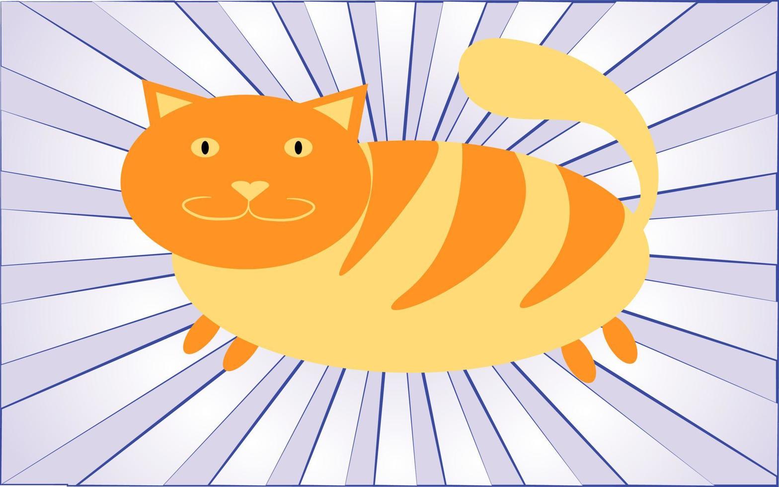 Big cute beautiful funny fat red cat with a tail on a background of abstract blue rays. Vector illustration