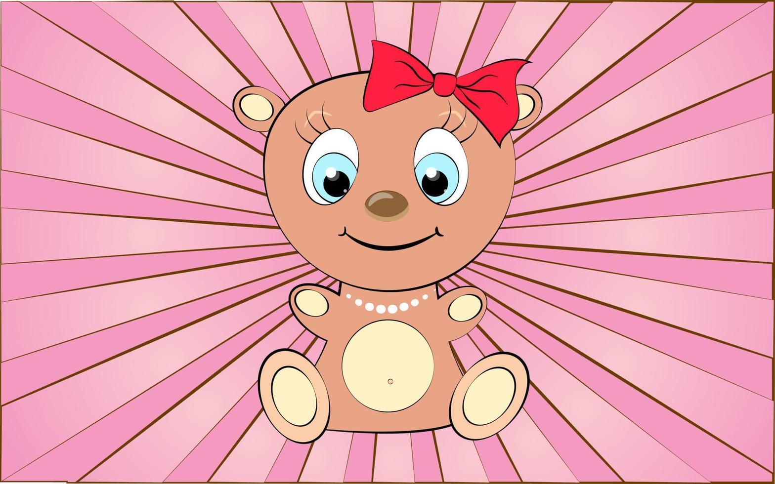 Big cute beautiful funny thick plush teddy bear toy girl on a background of abstract pink rays. Vector illustration