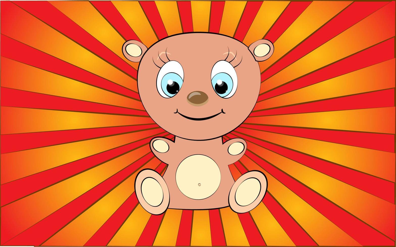 Big cute beautiful funny thick plush teddy bear toy girl on a background of abstract red rays. Vector illustration