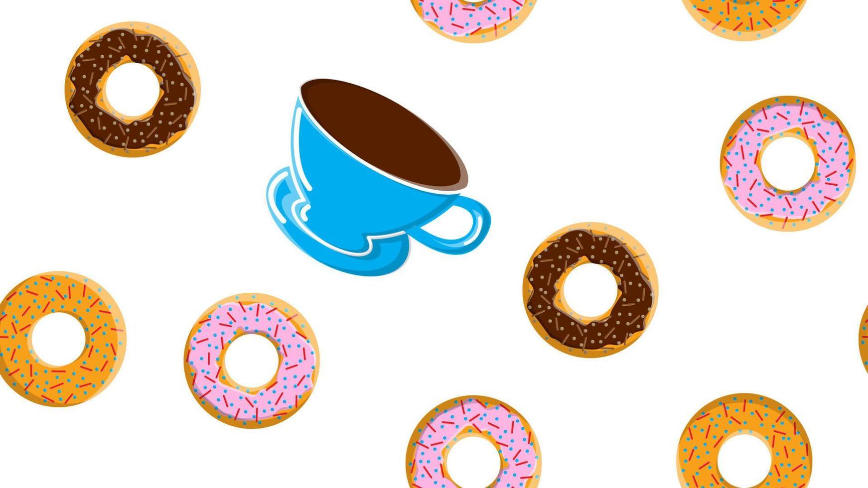 Seamless pattern, texture from different round sweet tasty hot donuts with sugar in caramel chocolate and a cup of hot strong coffee on a white background. Vector illustration