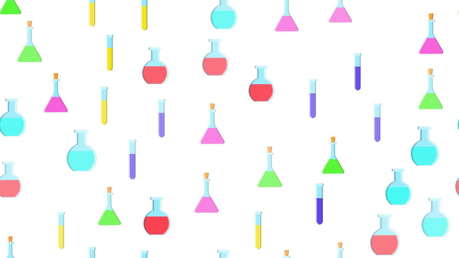 Seamless pattern texture of endless repeating multi-colored medical chemical glass scientific test tubes of flasks of different shapes on white background. Vector illustration
