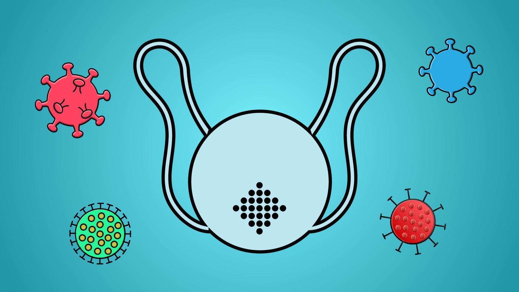 Medical protective mask, respirator and illness fatal dangerous coronavirus infection covid-19 pandemic virus molecule on a blue background vector