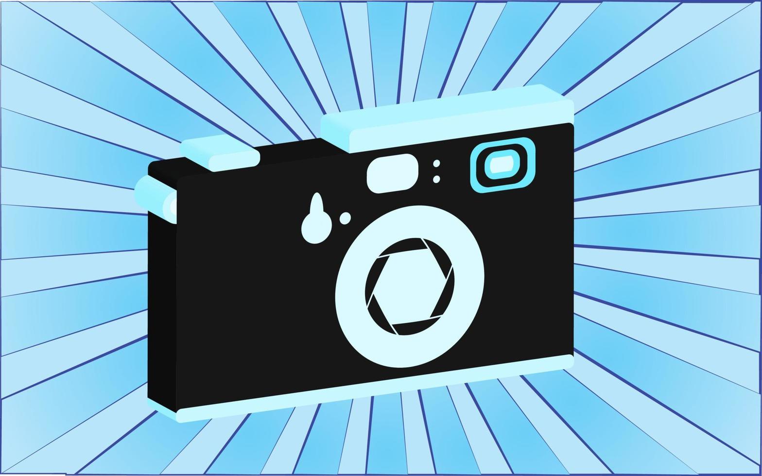 Retro old antique camera from the 70s, 80s, 90s, 2000s against a background of abstract blue rays. Vector illustration