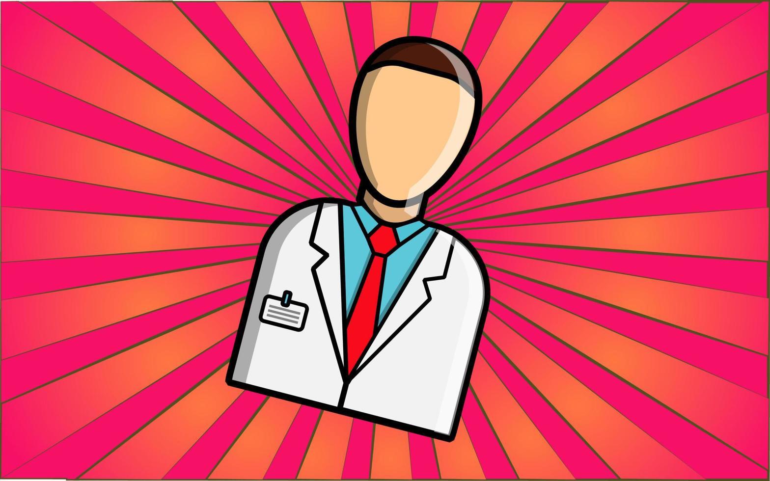 Medical employee health worker doctor man in white coat on abstract red rays background. Vector illustration
