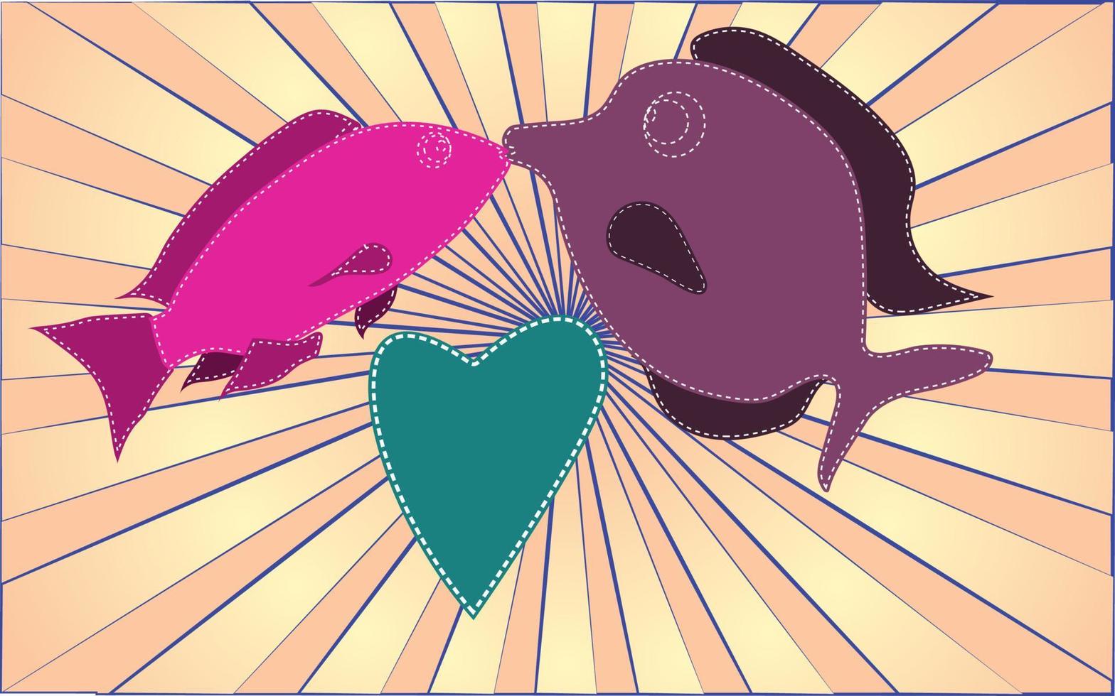 Two amorous kissing aquarium sea river fish and hearts on a background of abstract yellow rays. Vector illustration