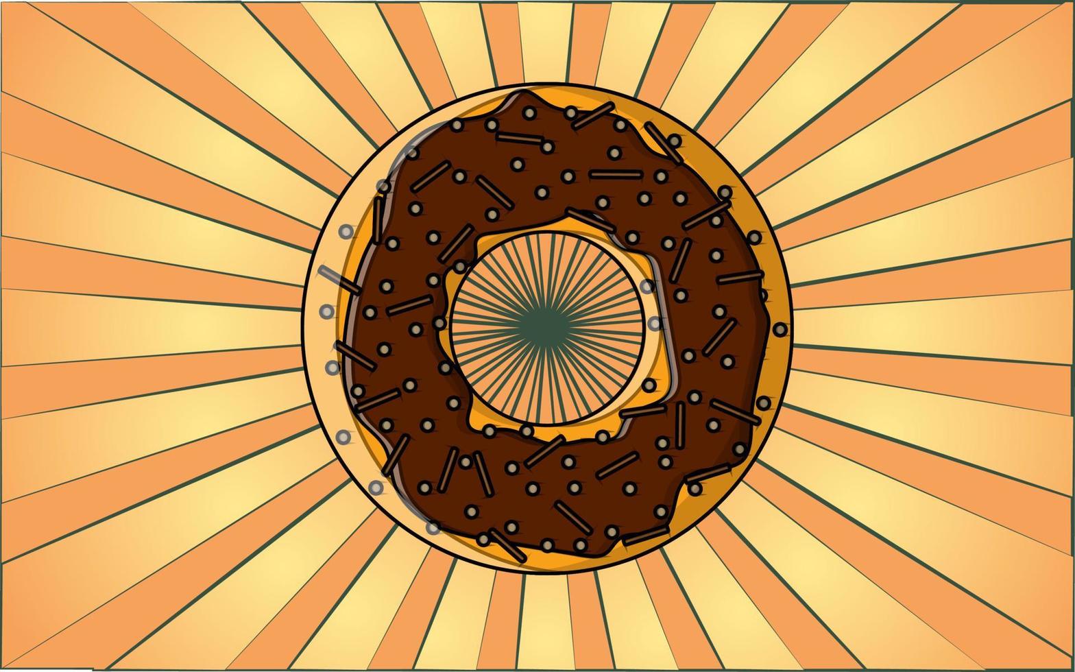 Delicious floury round hearty fresh donut in chocolate on a background of abstract yellow rays. Vector illustration