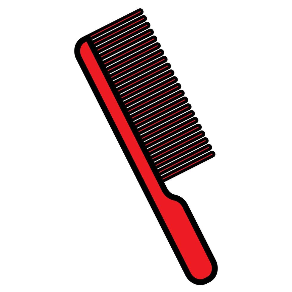 Flat red icon is a simple fashionable glamorous comb with a pen and teeth, a hairdresser's tool for making hair and beauty guidance. Vector illustration