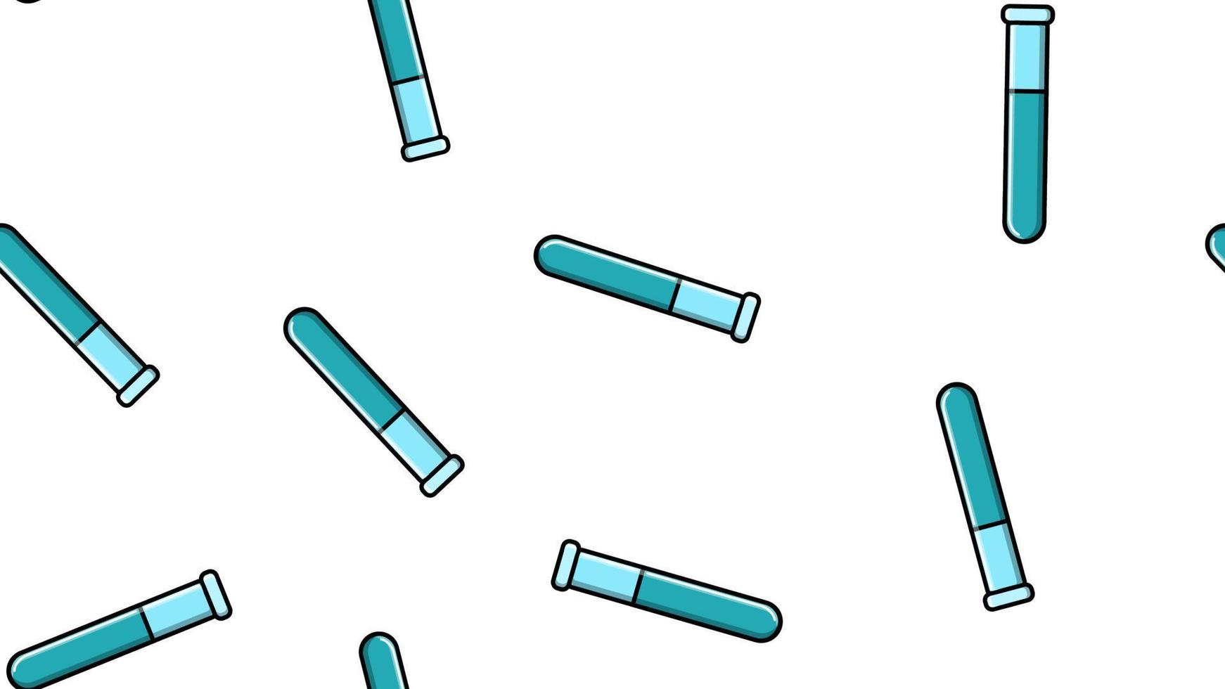Seamless pattern texture of endless repetitive long blue medical chemical glass scientific test tubes of flasks cans on white background. Vector illustration