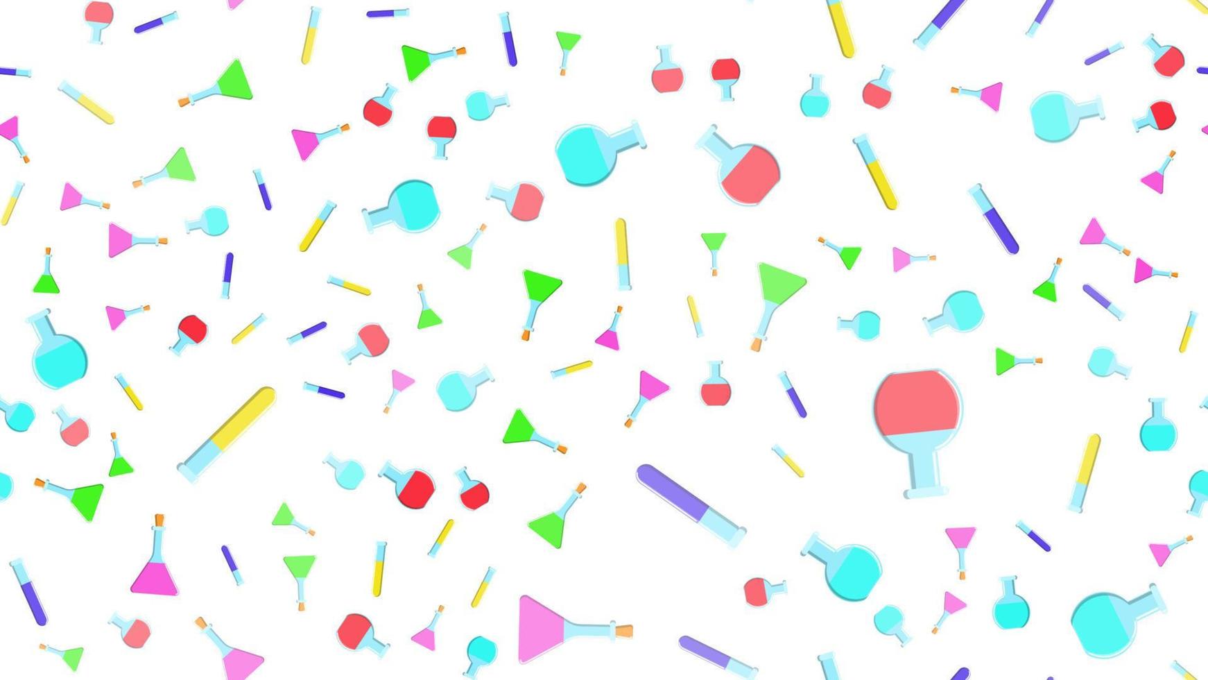 Seamless pattern texture of endless repeating multi-colored medical chemical glass scientific test tubes of flasks of different shapes on white background. Vector illustration