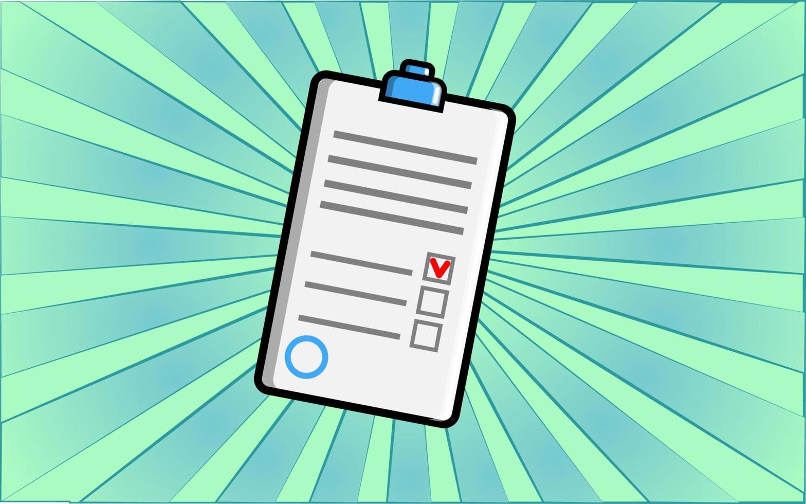 White paper application form with print on abstract blue rays background. Vector illustration