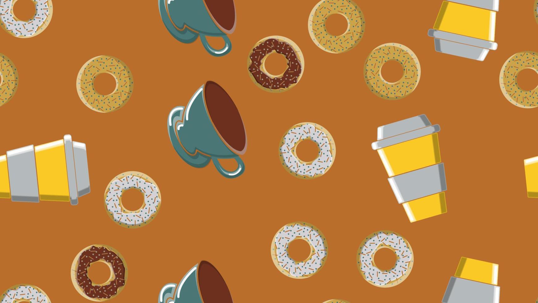 Seamless pattern, texture of different round sweet tasty donuts of hot sugary caramel chocolate and a cup of hot quick strong morning coffee for breakfast on a brown background. Vector illustration