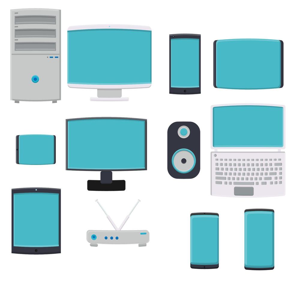 Vector illustration of a large set of flat icons of digital smartphone smartphones computers monitors laptop modems on a white background. Concept computer digital technologies