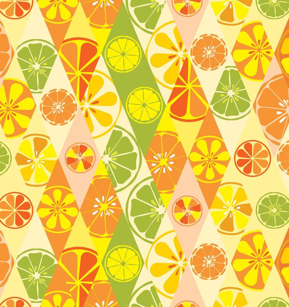 Texture bright orange summer stylish glamorous fashionable with a pattern of lemons limes oranges citrus fresh fruit vitamin tropical tasty sweet on the background of rhombuses. Vector illustration