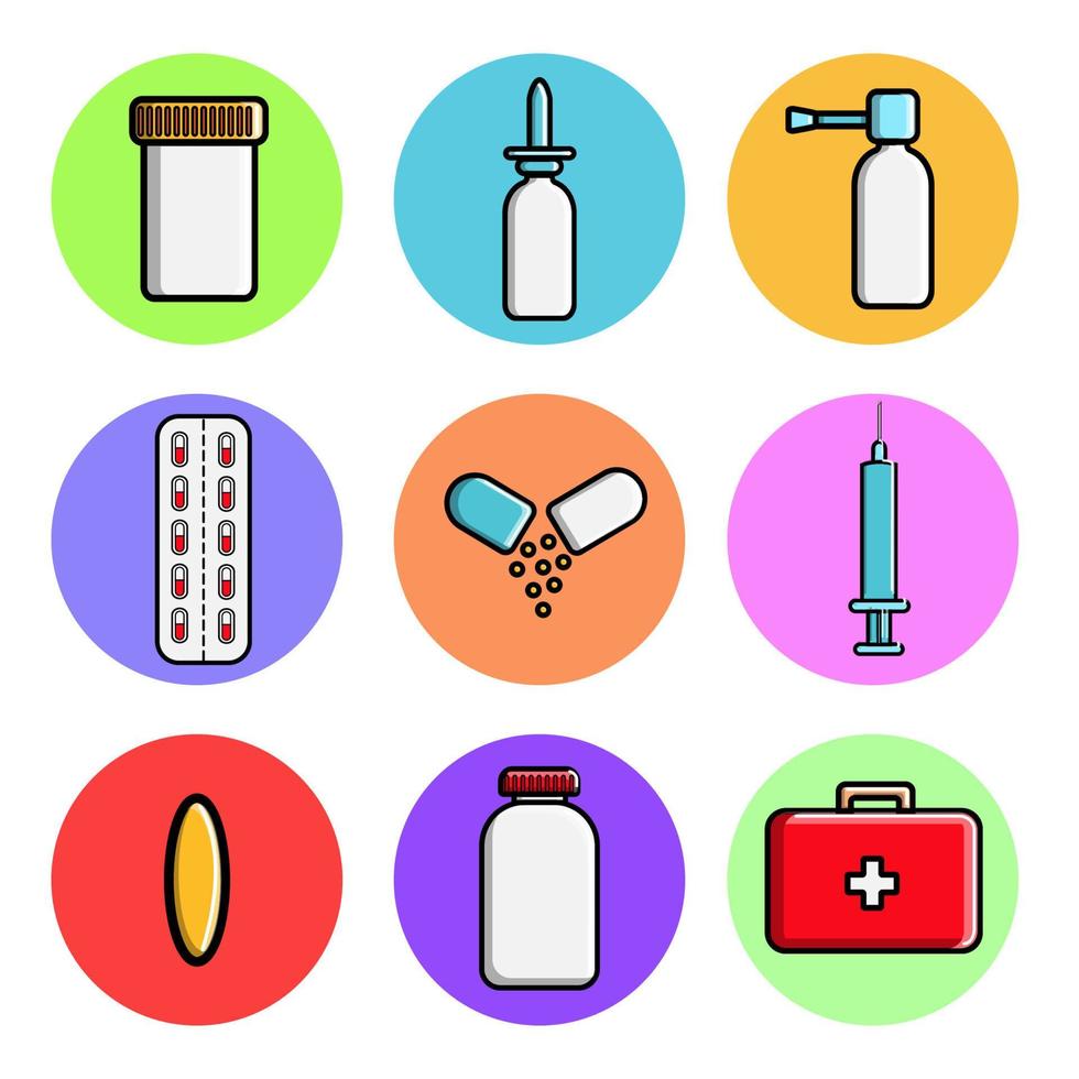 Set of medical round icons, medical equipment items jar, drops, spray, pills, packaging, syringe, first aid kit. Concept healthcare, hospitals, drugs, medicine vector