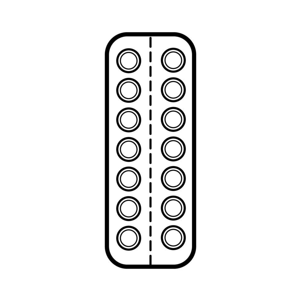 Medical pharmaceutical pills pills in the package, the plate for the treatment of diseases, a simple black and white icon on a white background. Vector illustration