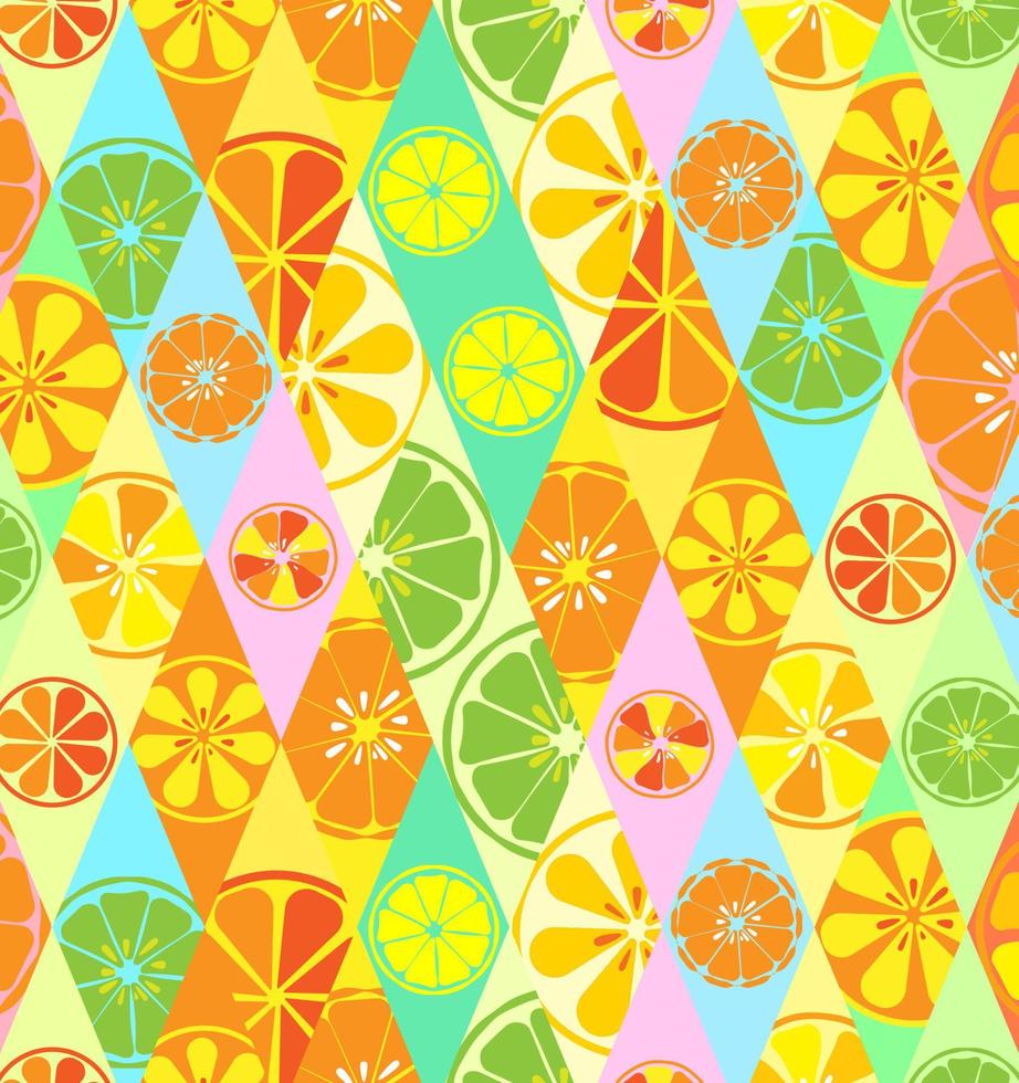 Texture yellow with a pattern of lemons limes oranges citrus fresh fruit useful vitamin summer tropical tasty sweet in rhombus for wallpaper in the kitchen or in a cafe. Vector illustration