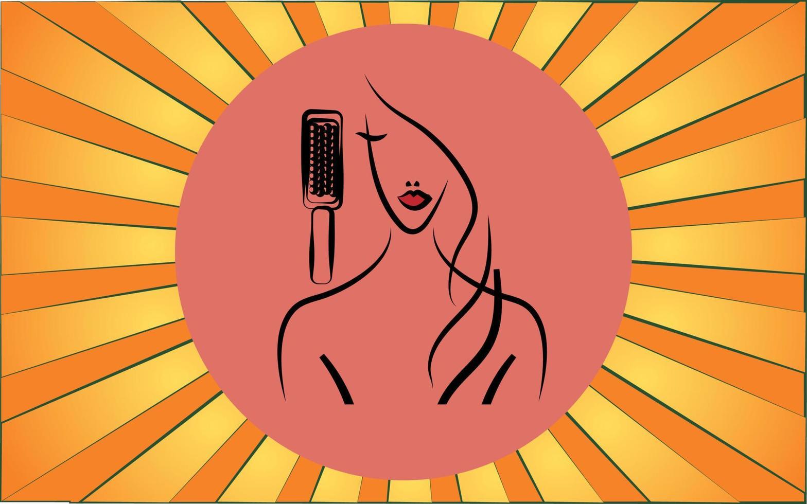 icono redondo lineal de una mujer con el pelo largo con un peine en un salón de peluquería sobre un fondo de rayos amarillos abstractos. ilustración vectorial vector