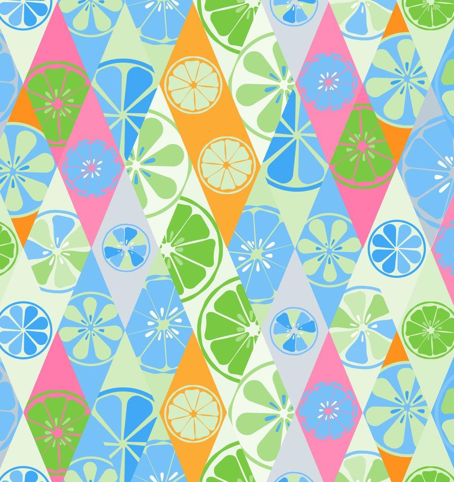 textura azul con un patrón de limones limas naranjas cítricos fruta fresca útil vitamina verano tropical sabroso dulce en rombo para empapelar en la cocina o en un café. ilustración vectorial vector