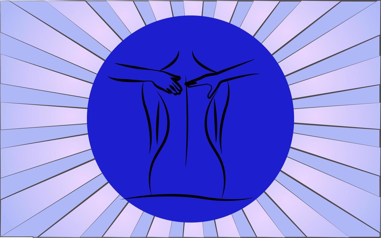 Linear round icon of back massage on a background of abstract blue rays. Vector illustration