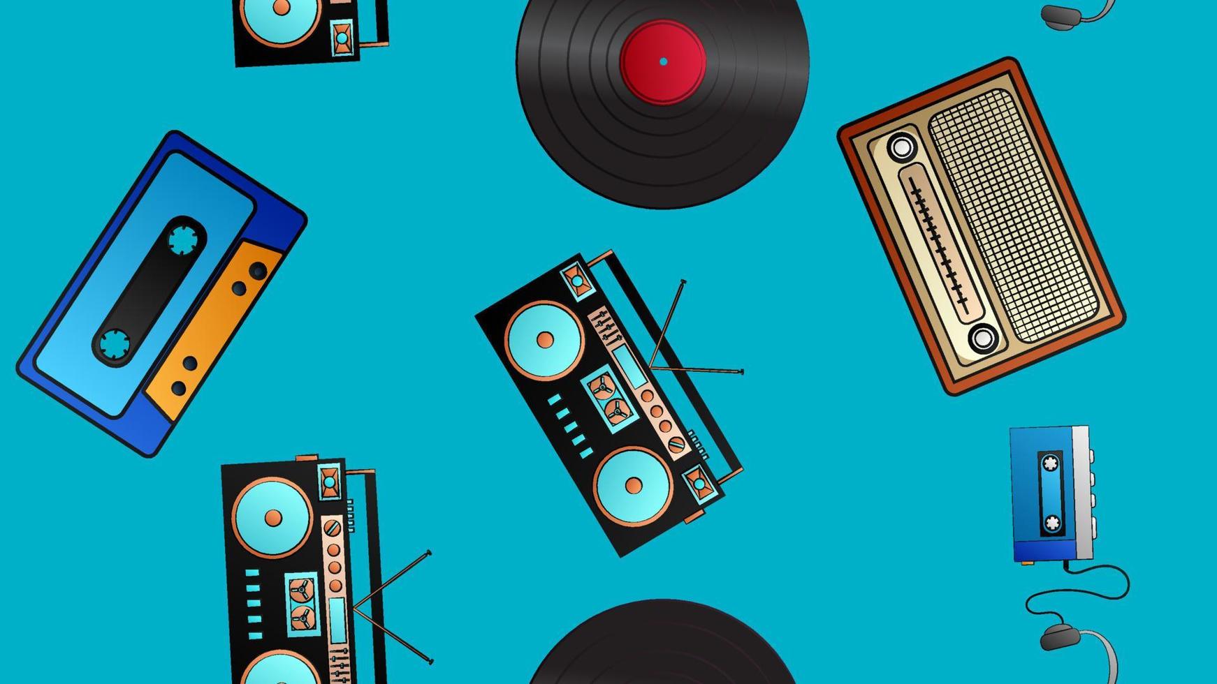 Seamless pattern of retro old hipster music audio cassette players and tape recorders vinyl records and radio from the 70s, 80s, 90s, 2000s on a blue background vector