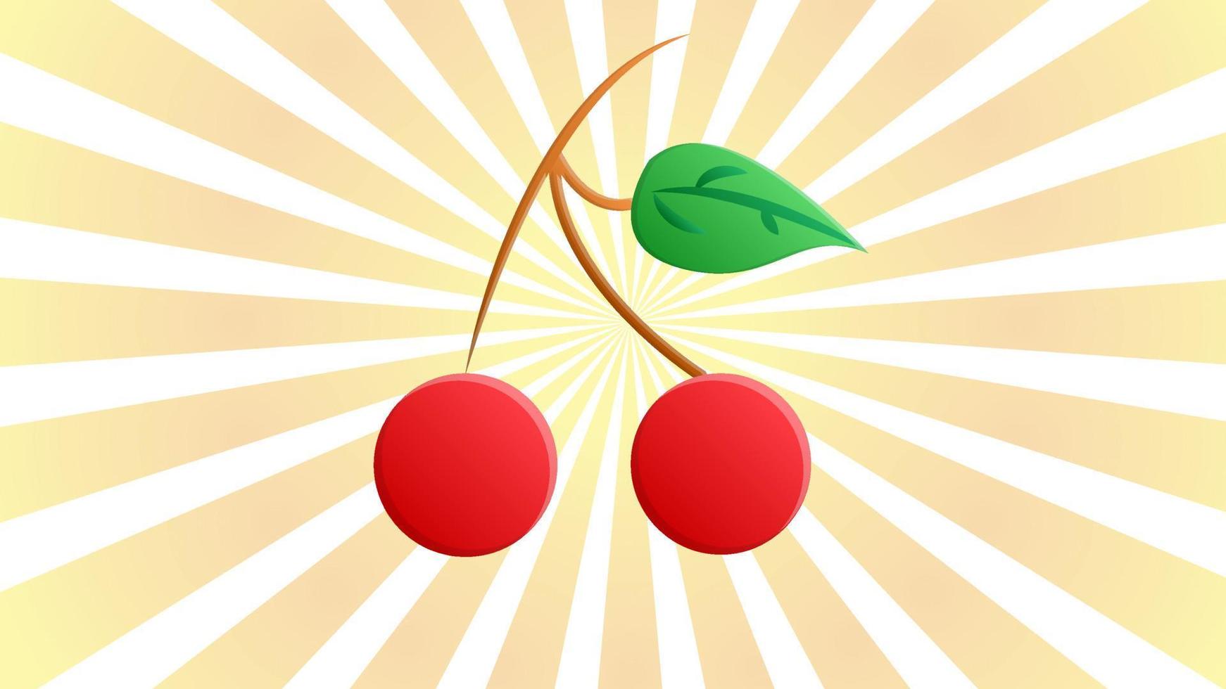 ilustración vectorial cereza pequeña roja sobre un fondo retro brillante de color blanco-naranja. dos cerezas en una ramita marrón. ilustración con comida. bayas para la comida. comida vegana saludable vector