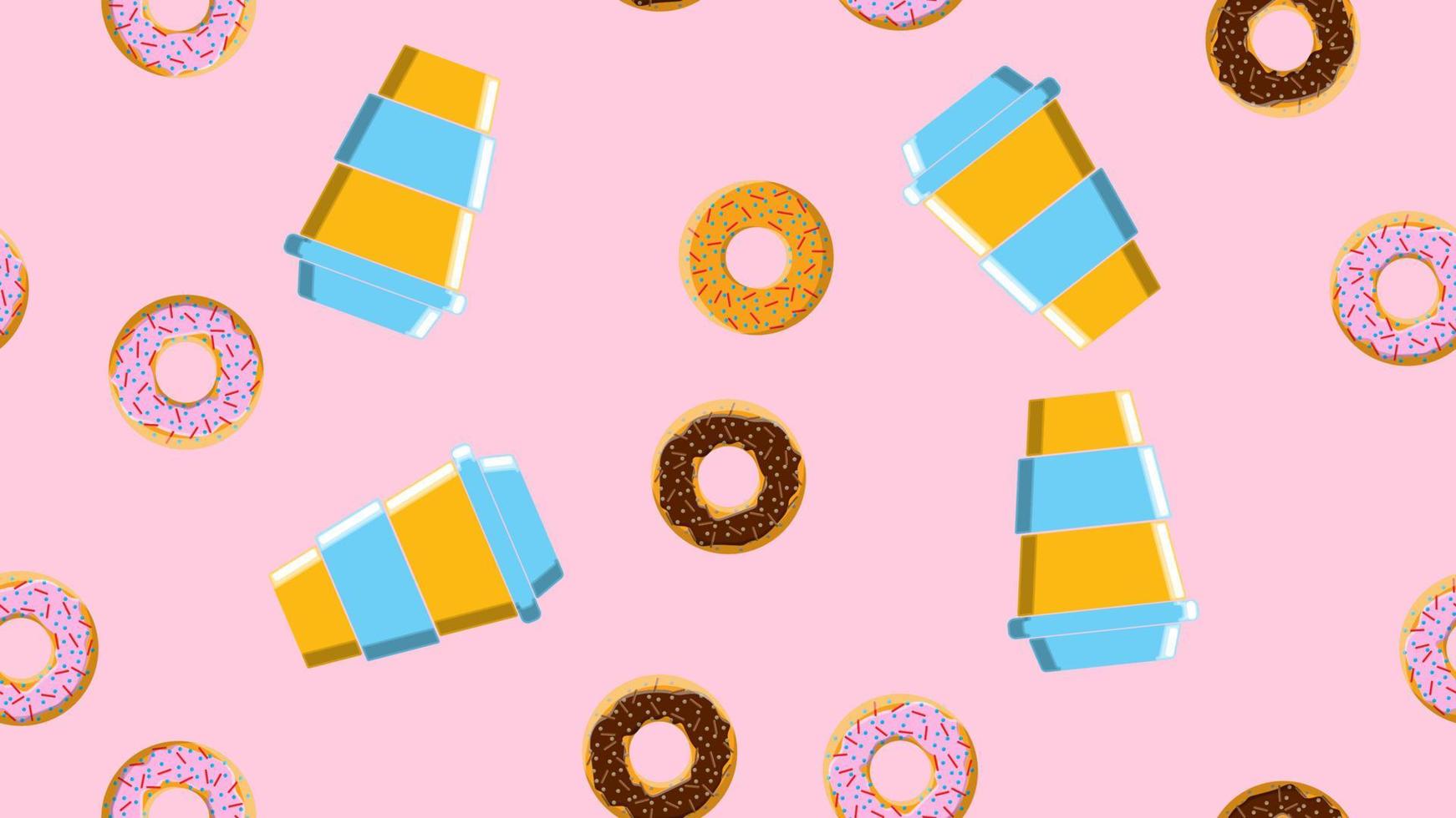 Seamless pattern, texture of different round sweet tasty hot donuts with sugar in caramel chocolate and a cup of hot, fast strong take-out coffee on a pink background. Vector illustration