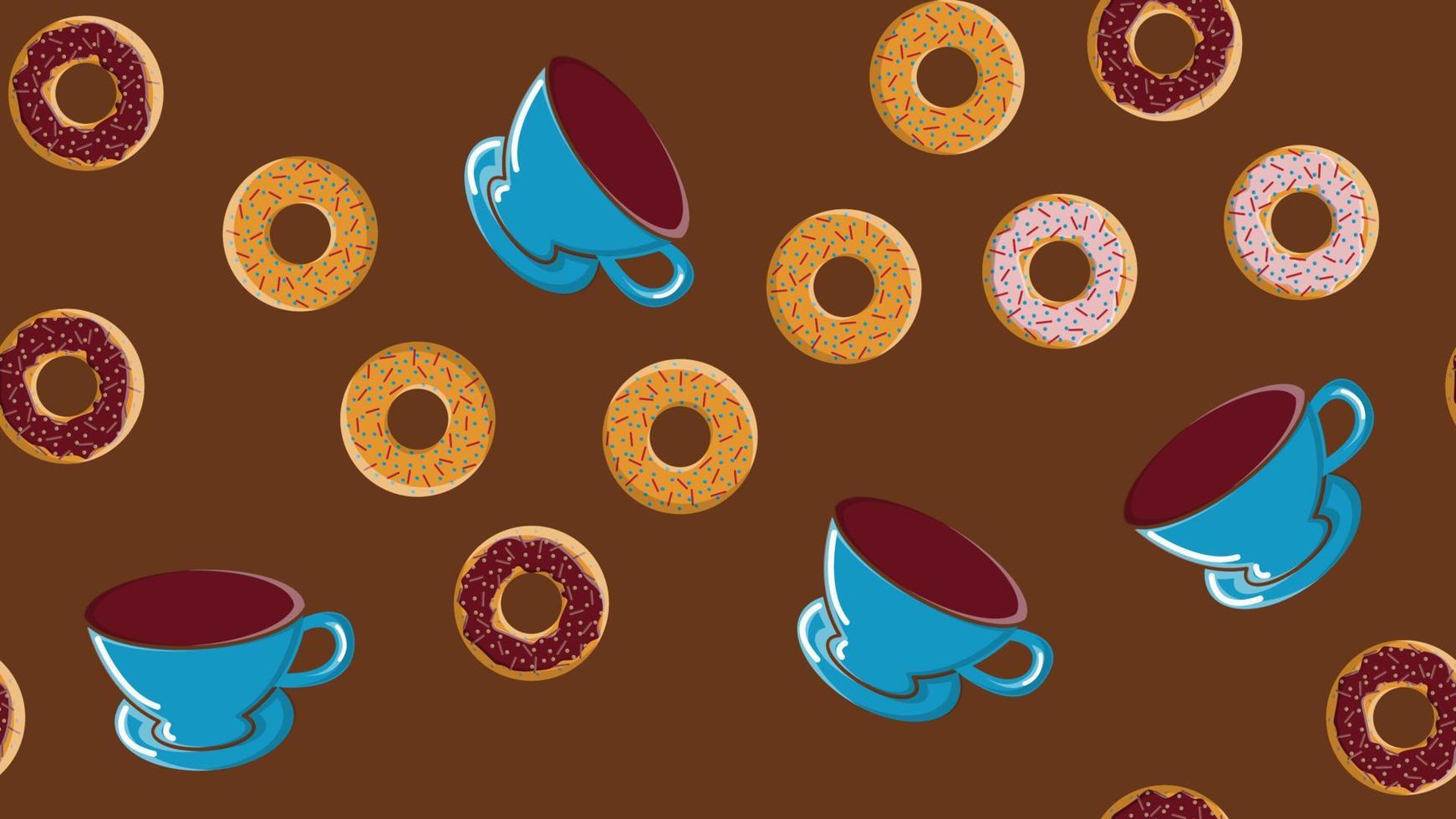 Seamless pattern, texture from different round sweet tasty hot donuts with sugar in caramel chocolate and a cup of hot strong coffee on a brown background. Vector illustration
