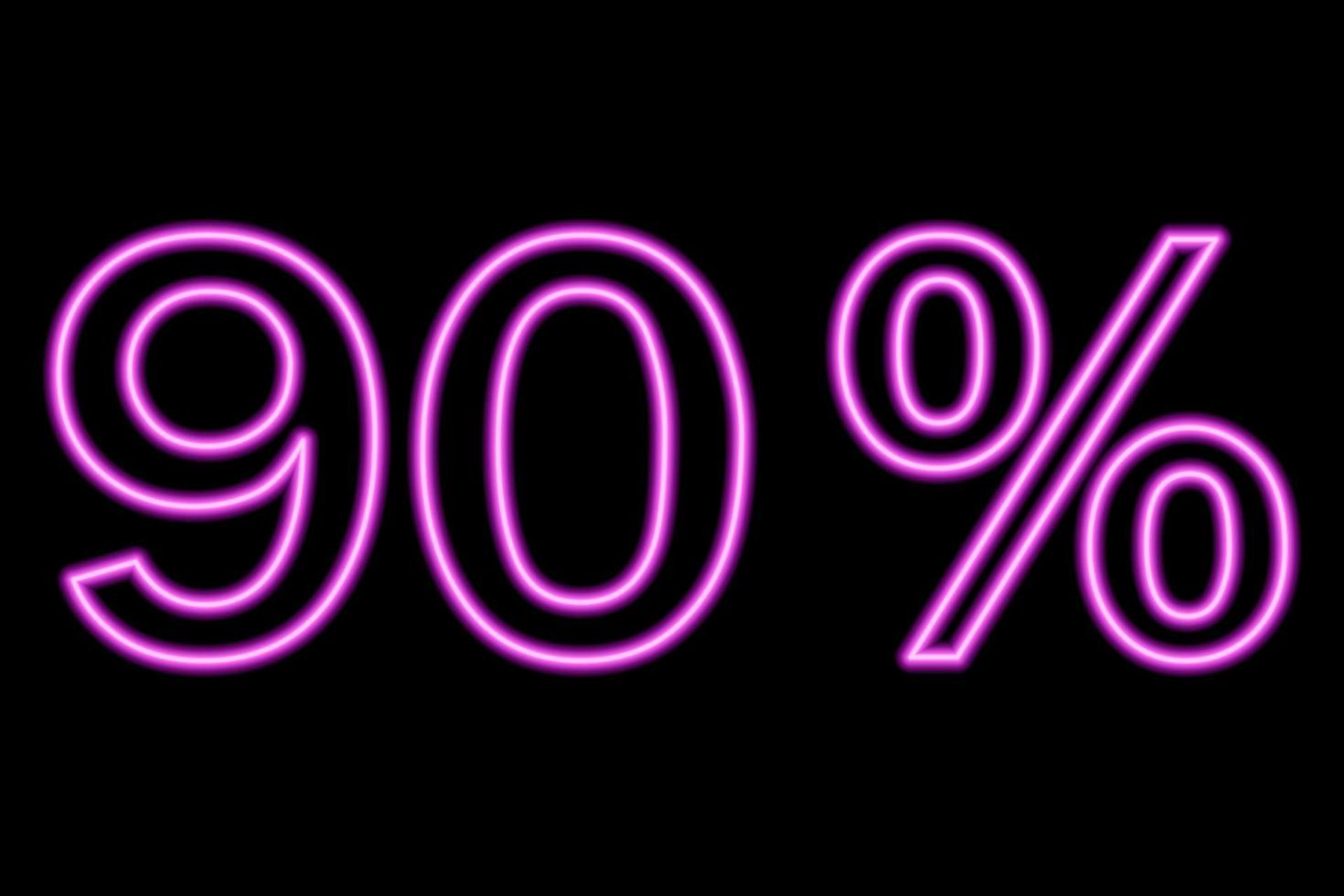 90 percent inscription on a black background. Pink line in neon style. vector