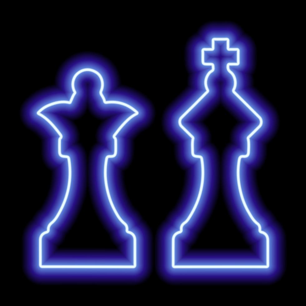 A pair of chess pieces king and queen. Neon blue contour on a black background vector