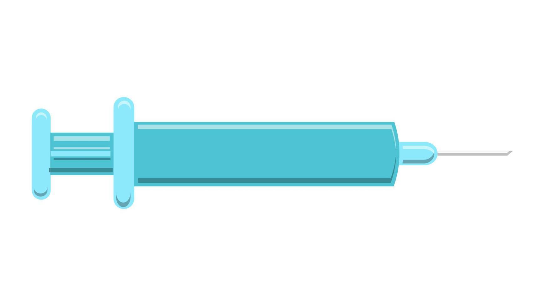 A beautiful medical blue disposable plastic syringe for injecting vaccinations by inoculating drugs with a pharmaceutical needle on a white background. Vector illustration