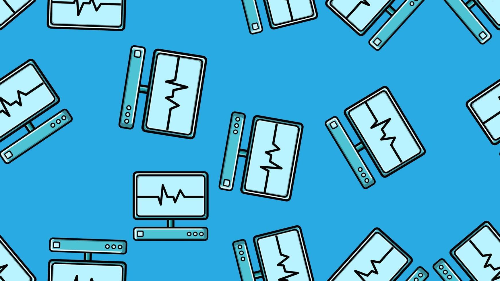 Seamless pattern texture of endless repetitive scientific medicine with a pulse and cardiogram of modern digital laptop computers with monitors on a blue background. Vector illustration