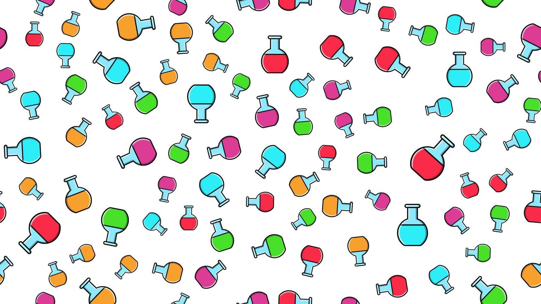 textura de patrón sin costuras de interminables tubos de ensayo científicos de vidrio químico médico redondo multicolor de latas de matraces sobre fondo blanco. ilustración vectorial vector